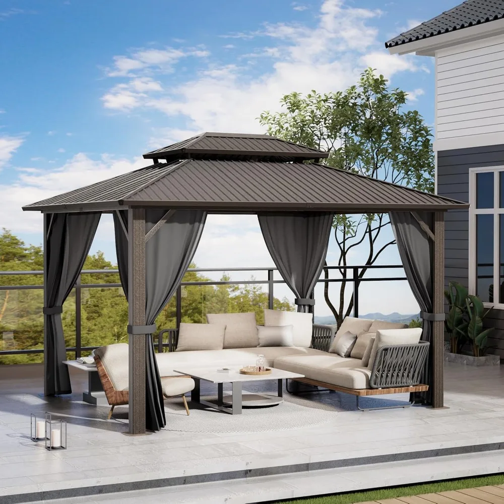 

12'x16' Gazebo, Frame Canopy with Galvanized Steel Double Roof, Metal Pavilion with Netting and Curtains, Patio Hard Top Gazebo