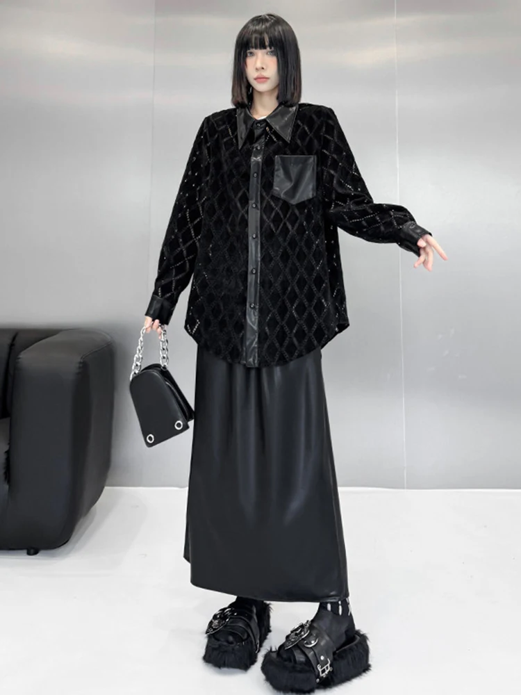 [EAM] Hollow Out Shirt Half-body Skirt Two Pieces Suit New Lapel Long Sleeve Women Fashion Tide Spring Autumn 2024 1DH7752