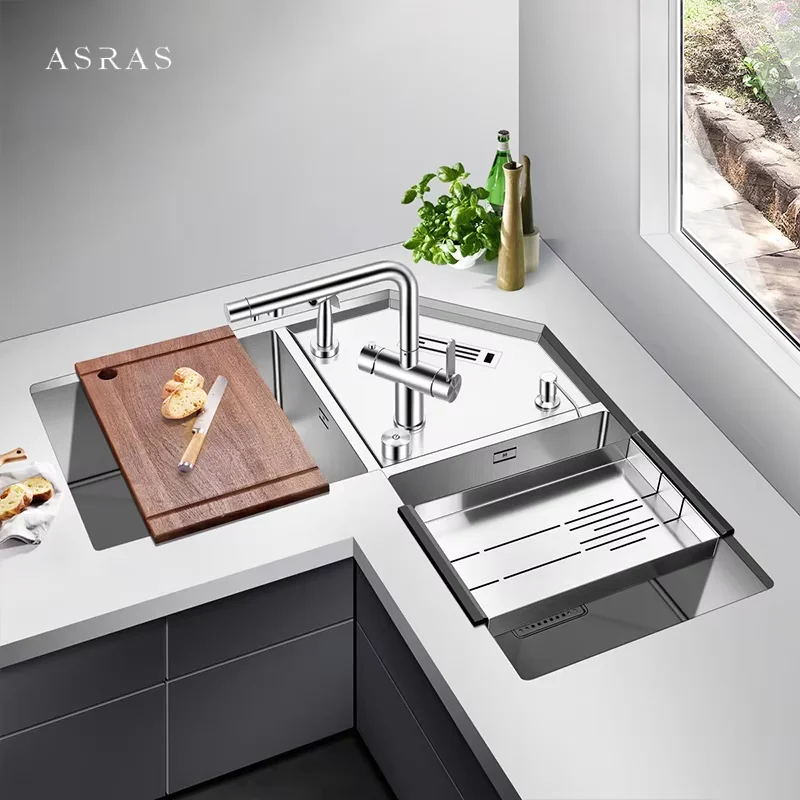 ASRAS Corner Handmade Kitchen Sink 304 Stainless Steel 4mm Thickness Brushed Double Corner Kitchen Sinks With Knife Holder