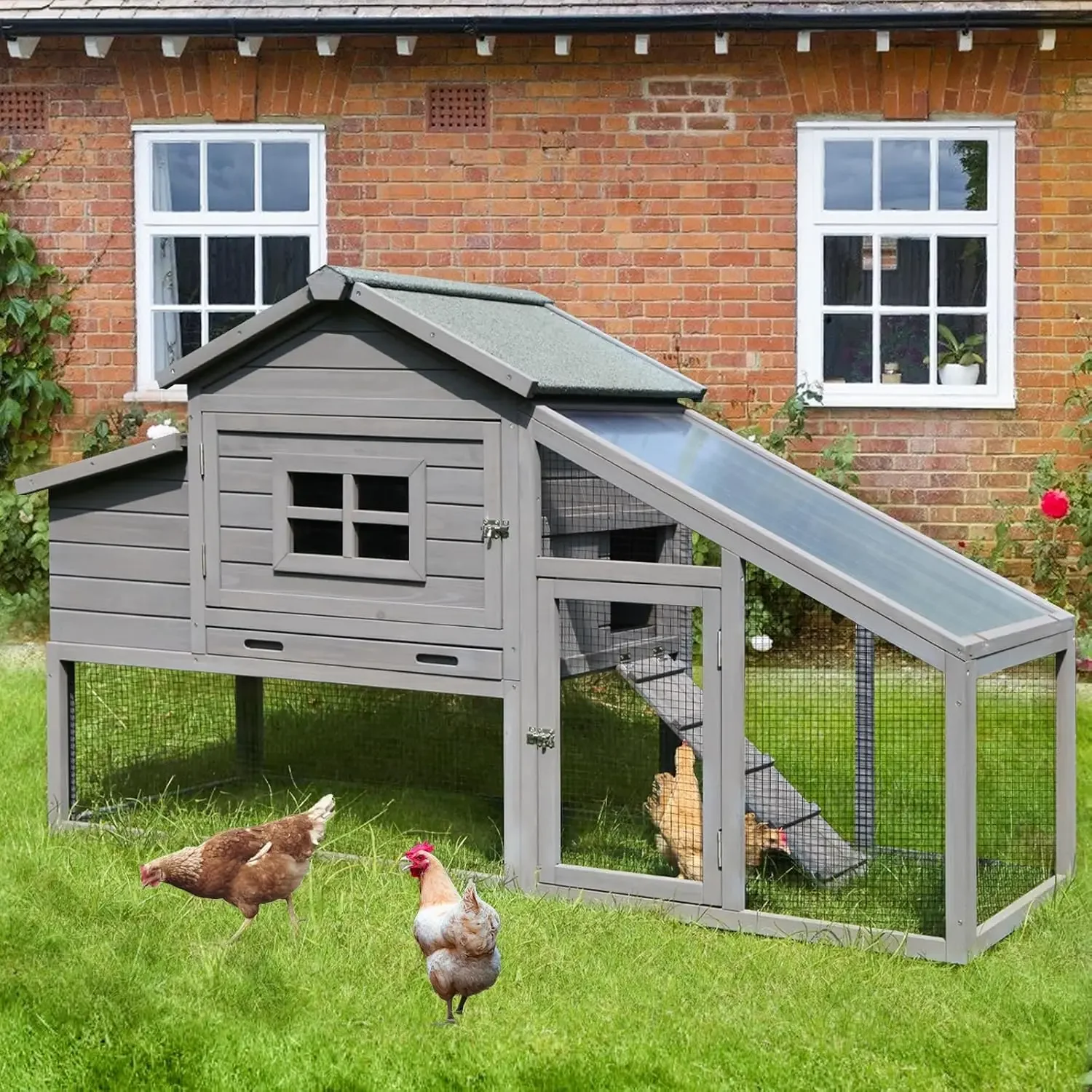 

Chicken Coop Mobile Hen House Wooden with Run Poultry Cage with Nesting Box ,Movable, 67.3"L x 26"W x 39.4"H