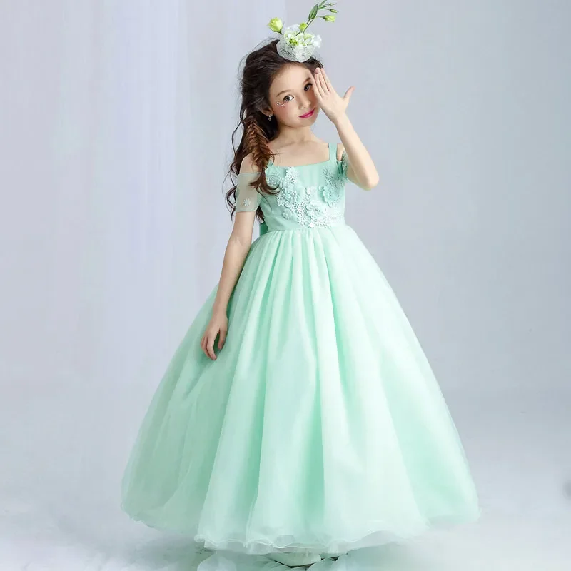 Mintgroene Elegante Tule Kant Appliques Kraal Bloem Meisje Jurk Bruiloft Kids Eerste Communie Feest Prom Vestidos Para Niñas 2023