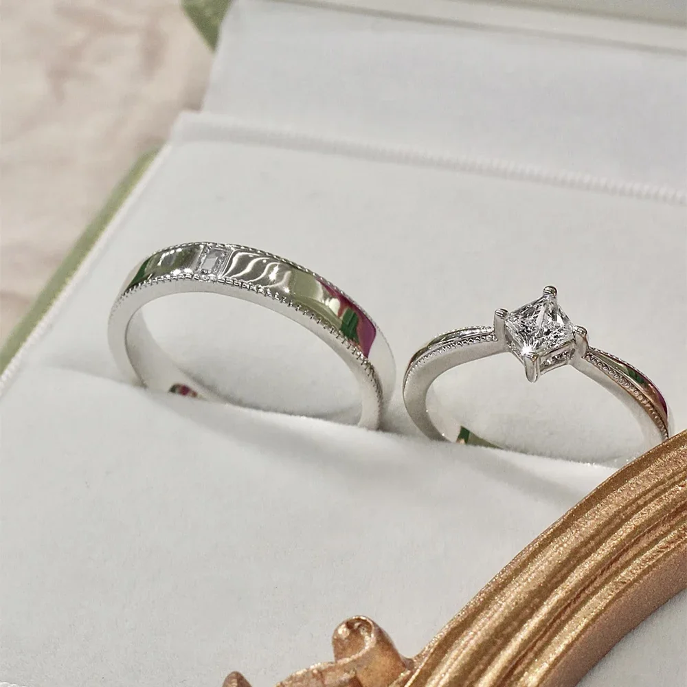 QIBAOKU Princess/Emerald Moissanite Couple Rings S925 Sterling Silver for Women Men Proposal Engagement Bands Jewelry Gift 2026