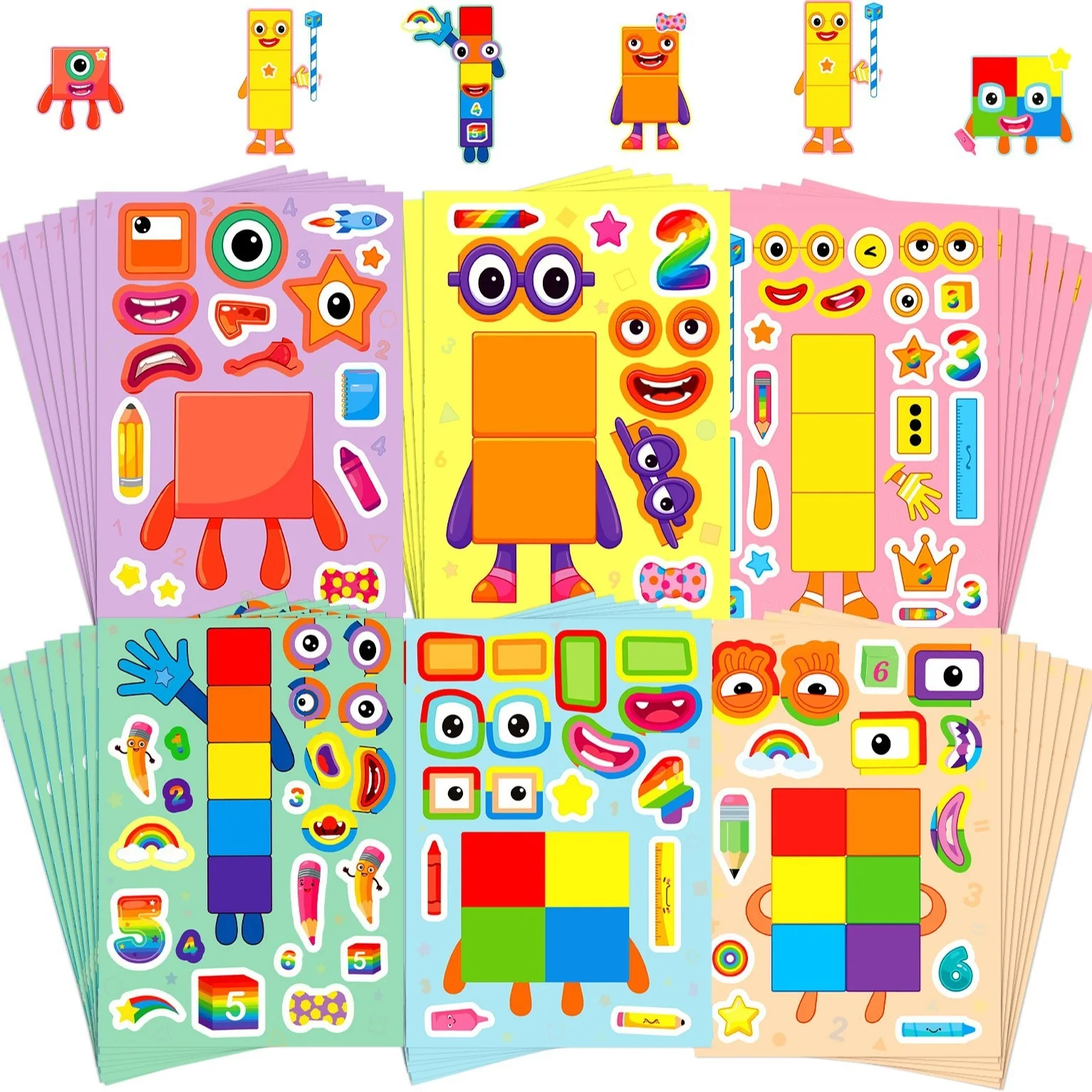 6 SheetsPer Pack Face‑Changing Building Block Puzzle Stickers, Creative Decals for Journal Notebook Luggage DIY Craft Decoration