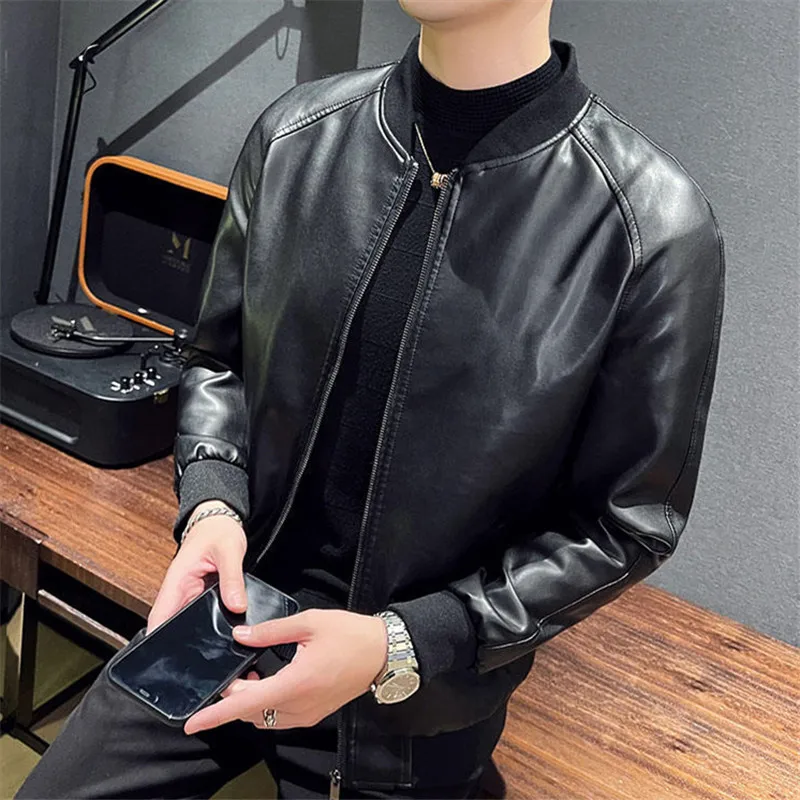 Autumn Winter Men's PU Leather Jacket Fashion Baseball Collar Casual  Jackets Solid Color Motorcycle Leather Outerwear Coats Men