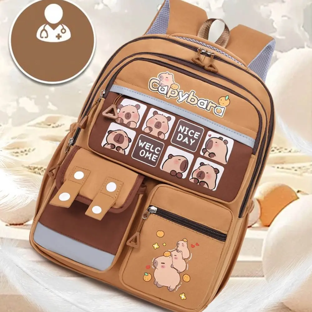 Large Capacity Capybara Backpack Adjustable Strap Multi Pocket Cute Animal Bookbag Korean Style Nylon Student School Bag