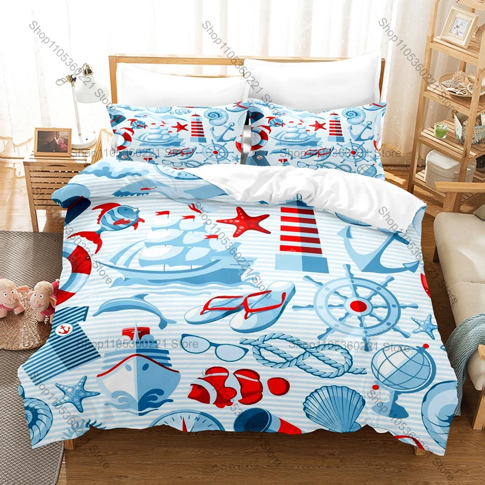 Cool Minimal Vintage Blue Anchor Nautical Sea Marine 3D Print Bedding Set Includes Duvet Cover + 2 Pillowcases Cool Coastal Sail