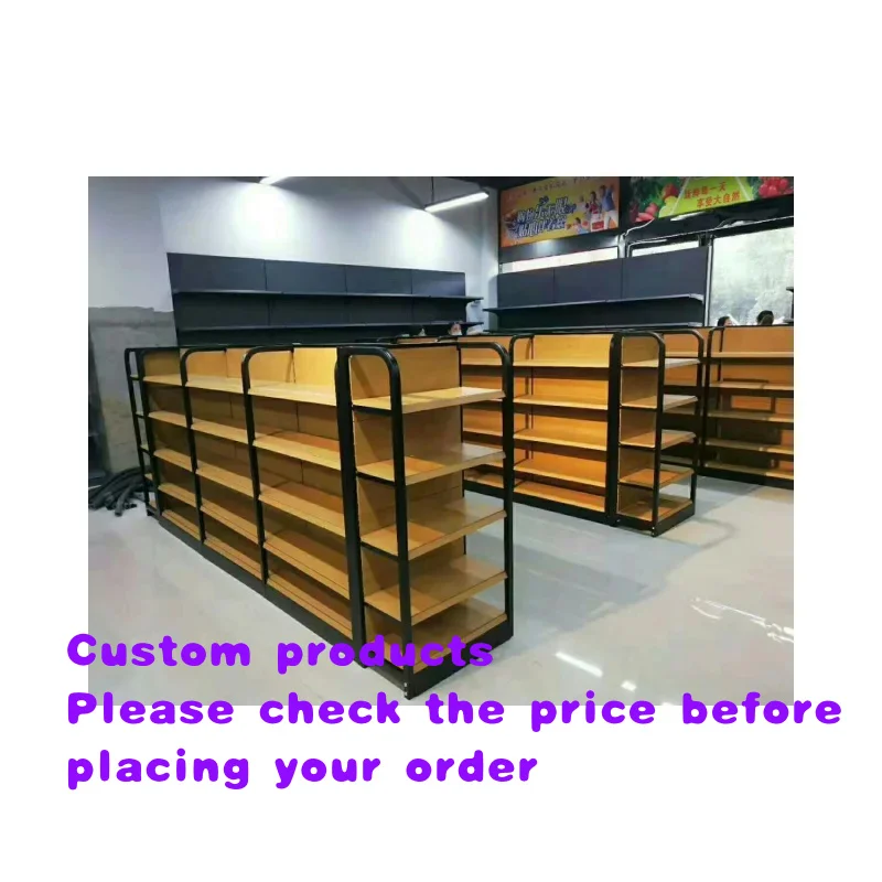custom.New Arrival Double-Sided Wooden Supermarket Displays Shelves Convenience and Supermarket Display Rack