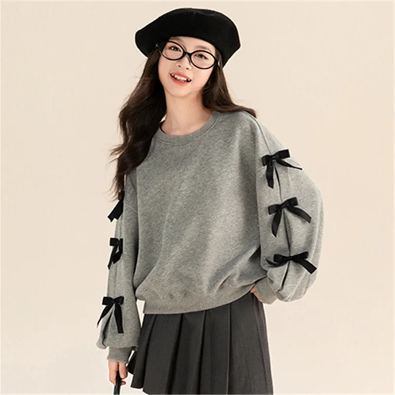 Fashion Princess Girl Thicken Thermal Sweatshirt with Bows For Child Casual Winter Clothes Teenage Kids Warm Insulate Sweatshirt