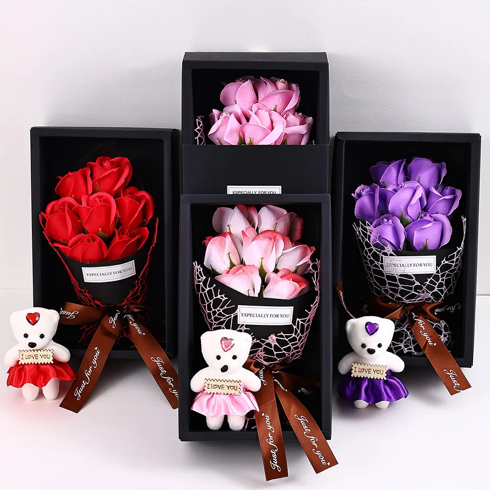 7 رؤساء الورد الاصطناعي باقة الدب الصغير هدية صندوق عيد الحب اليدوية كاذبة زهرة باقة عيد الأم حفلة عيد ميلاد G
