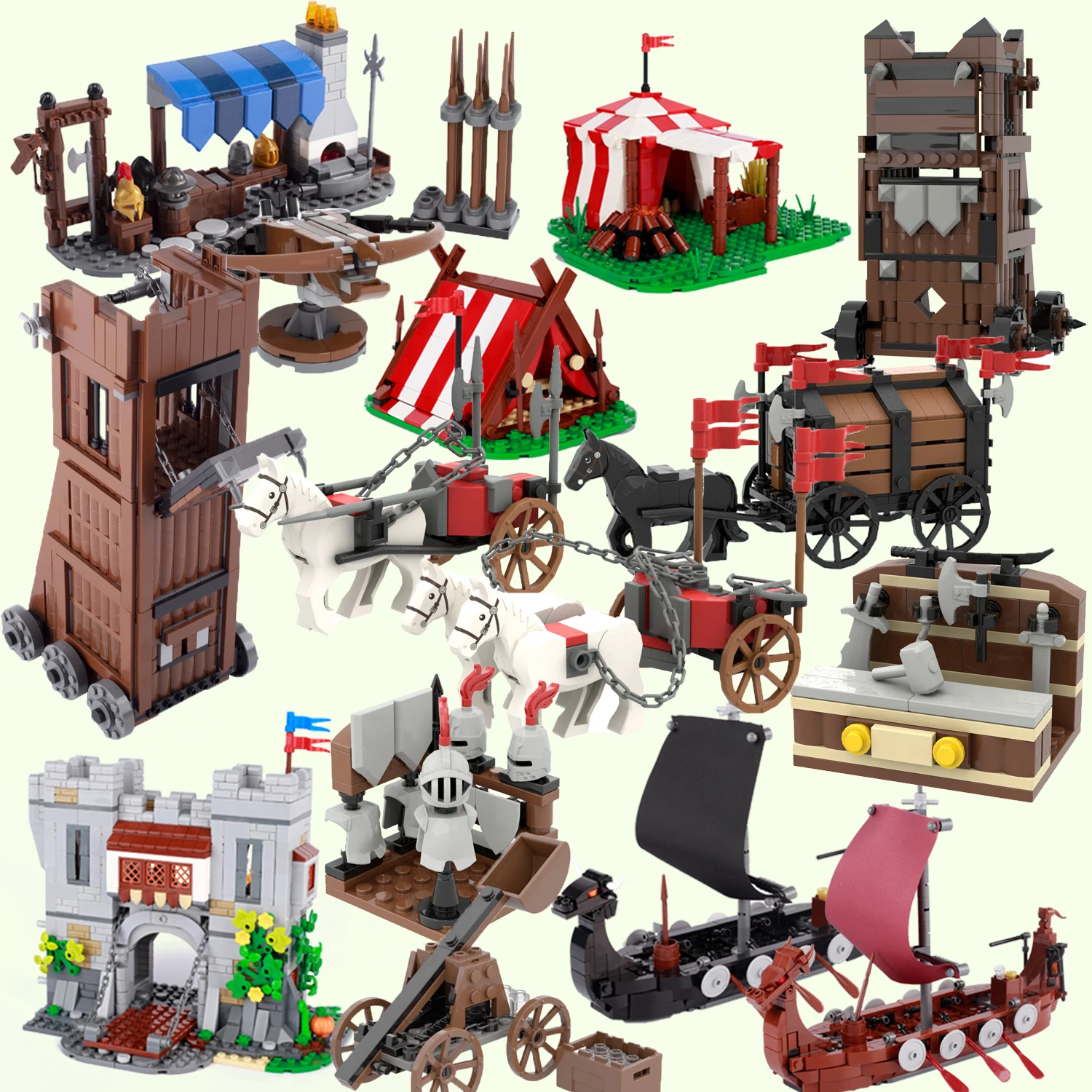 MOC Medieval Military Building Blocks Soldiers Figure Accessories Bonfire Tent Transport Carriage War Horse Weapon Bricks Toy