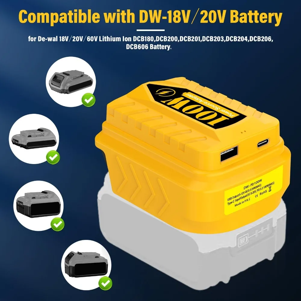 PD100W Charger for Dewalt/Milwaukee/Makita 18/20V Batteries USB Battery Adapter with USB and Type-C Ports for Electronic Devices