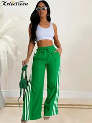 Kricesseen Women's Stretchy High Waist Color-Block Jogger Trousers Green Striped Contrast Sweatpants Wide Legs Pants Streetwear