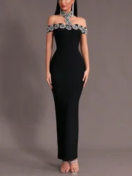 2024 New Women's Black Off Shoulder Sexy Heavy Industry Luxury Diamond Tight Long Bandage Dress Bodycon Wedding Evening Dress