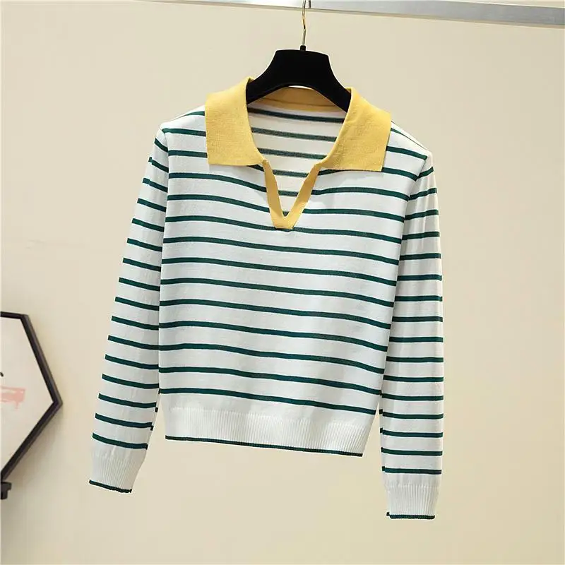 Women Clothing Chic Turn-down Collar Striped Knit Pullovers Autumn Elegant Casual Thin Long Sleeve T-shirt Office Lady Sweet Top