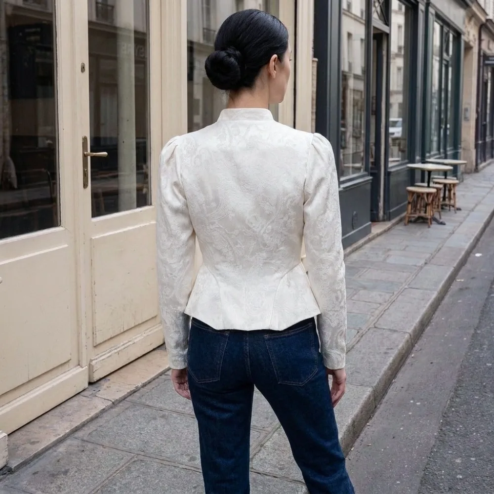Xiaoxiang Style Stand Collar Jacquard Jacket Spring and Autumn Women's Gentle Soft Daily Office Travel Casual Bubble Sleeve Top