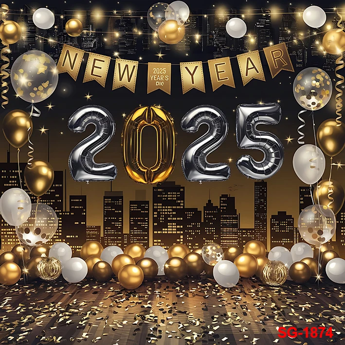 2025 Happy New Year Background Golden Fireworks Wine Glasses Family Countdown Party Decor Banner Celebrate Poster Photo Props