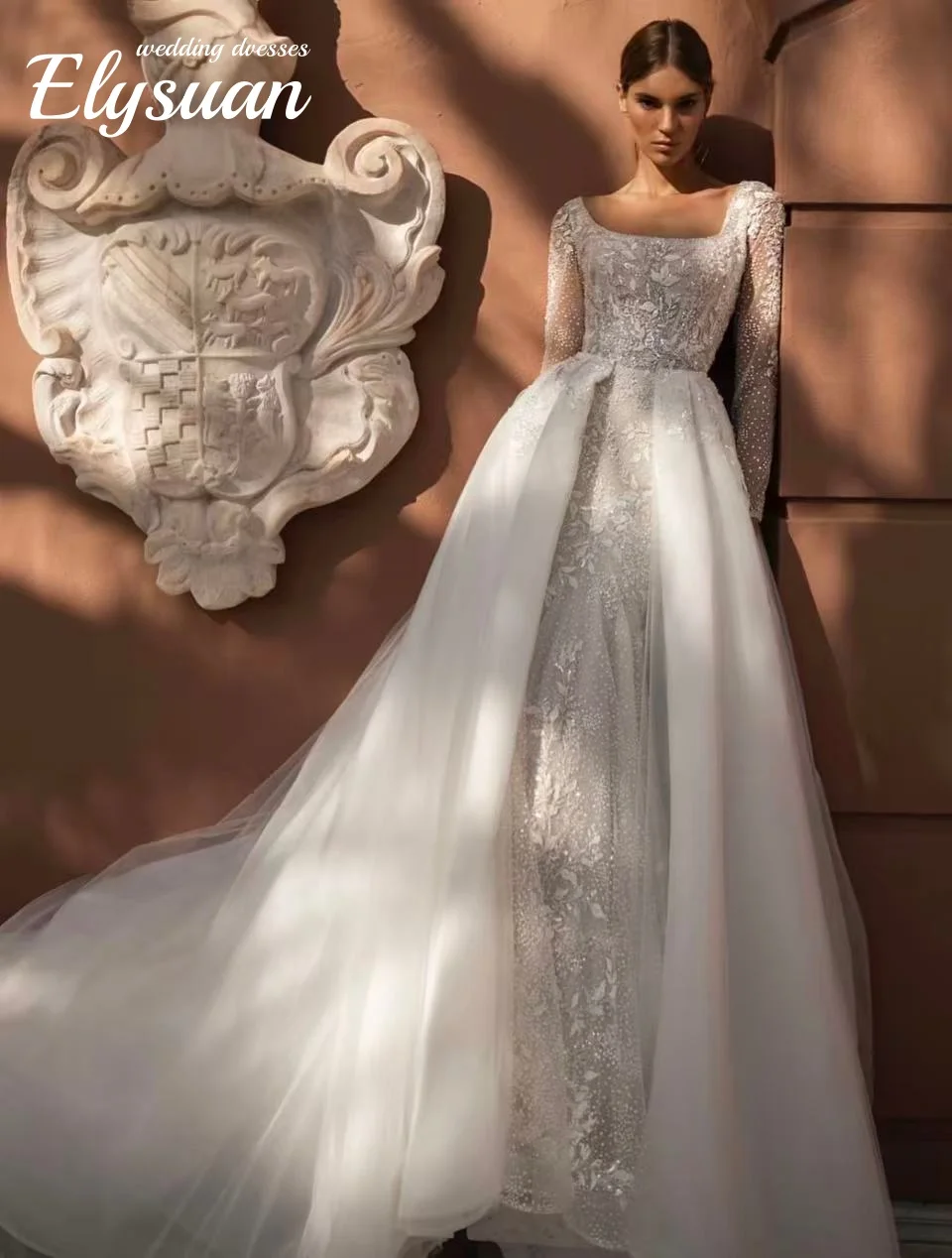 Customized Square Neck Zipper Up Back Long Sleeve Beads Lace 2 Pieces Mermaid Wedding Dresses With Detachable Train Vestido