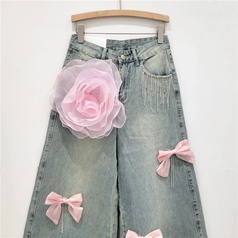 Japanese-Style Sweet Heavy Industry 3D Bowknot Wide-Leg Jeans 2024 Autumn New High Street Straight Casual Jeans for Women