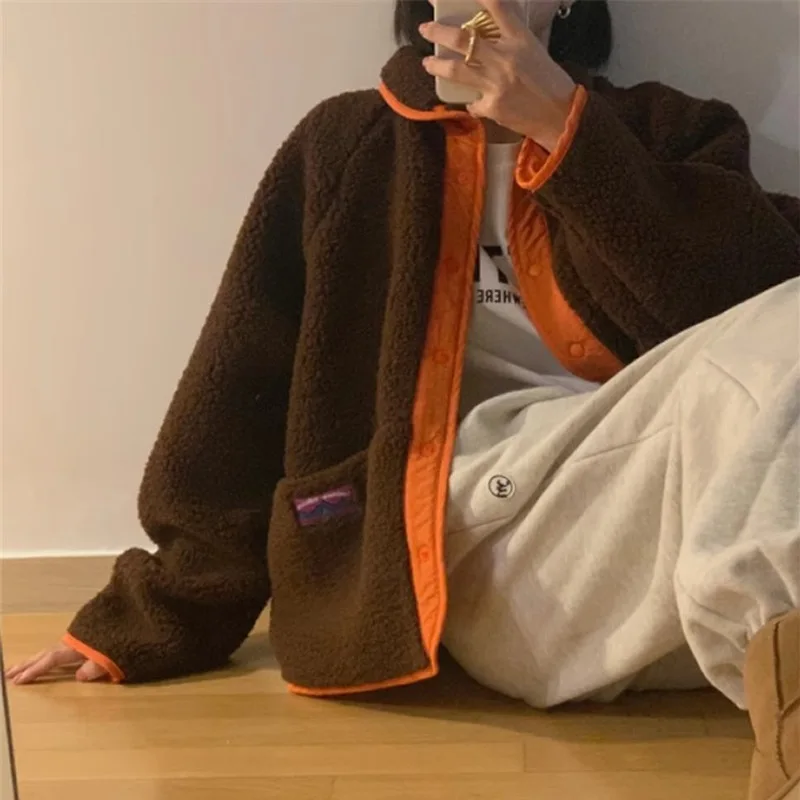 

Women'S Lamb Wool Coat 2 Sides Jackets Spliced Pockets Hoodies Single Breasted Outwear Streetwear Autumn Winter Female Vintage