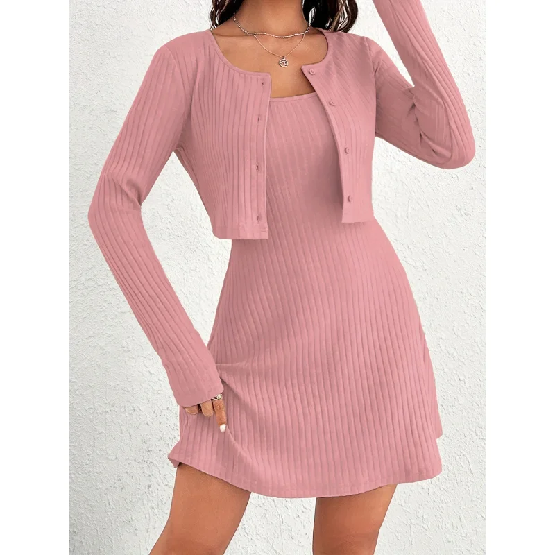 2024Autumn New Two-Piece Suit High-Grade Pink Knitted Cardigan Women's Casual Suit