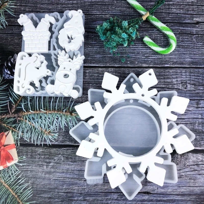 2pcs/Set Christmas Tree Ornament Mould Snowflake Shaped Pendant Silicone Mold Hanging Accessories Epoxy Resin Mold R3MC