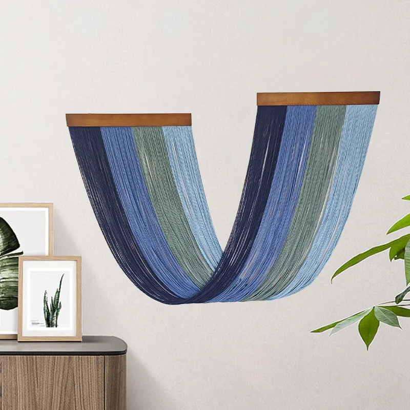 Bohemian Cotton Rope Woven Tapestry with Trailing Fringe Diamond Wooden Board Wall Decor for Hotel Hanging Artwork
