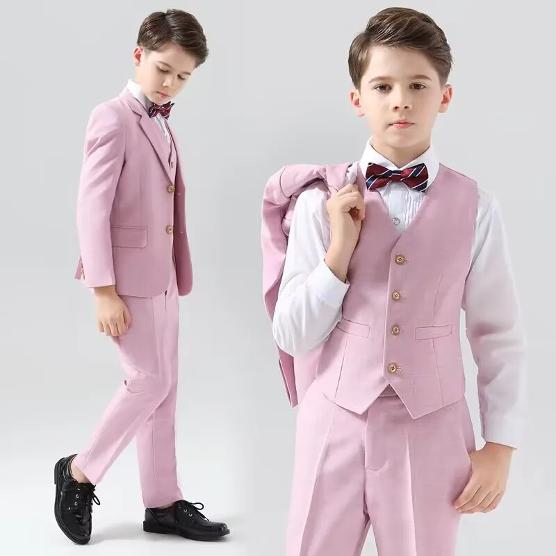 

Children Pink Slim 3Pieces/Set Jakcet Vest Pants Evening Dress Boys Wedding Photograph Suit Kids Ceremony Performance Costume