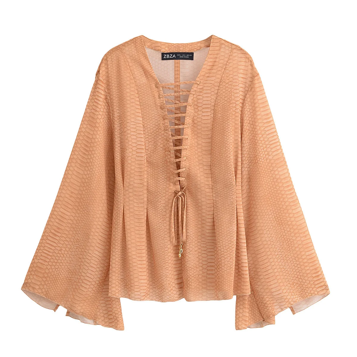 Vrouwelijke Zomer Chic Solid Top Geel Ruche Lange Flare Mouw Dame Top Elegant Chiffon Lace Up Shirt Dames V-hals Losse Shirts