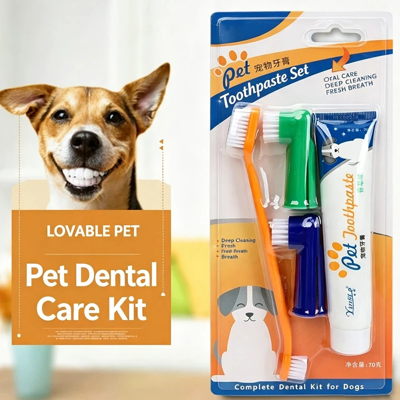 Kit de ferramentas de limpeza para animais de estimação, produtos para cuidados com as gengivas de cachorro, reduz a placa e a construção do tártaro para animais de estimação, conjunto universal de escova de dentes e pasta de dente