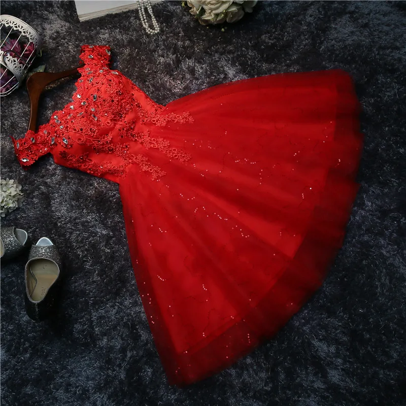 

M3107 Crystal Boat Neck White Red Short Prom Dresses Sexy Girl Women Knee-Length Tulle Lace Up Back Wedding Party Dress Ball