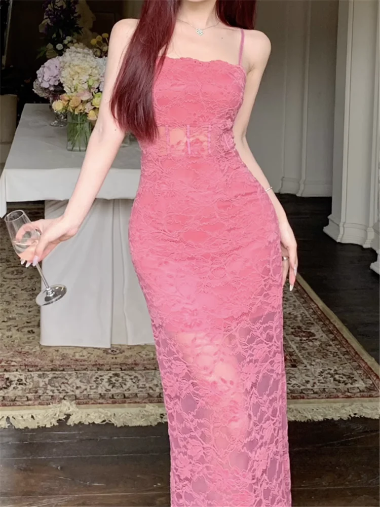 

Fashion Summer Slash Neck Pink Lace Crochet Camisole Slip Dress Sleeveless Bodycon Pencil Evening Party Dress Long Vest Skirt
