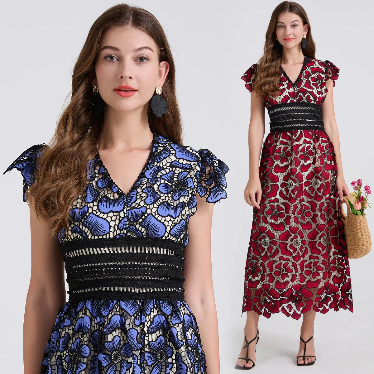 فستان فاخر طويل للحفلات الراقصة مفرغ من الدانتيل للنساء برقبة على شكل حرف V وأكمام قصيرة مطرز بالزهور فستان رسمي للحفلات المسائية #3