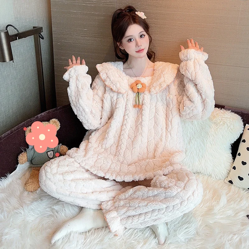 

Женские пижамы из кораллового флиса, осенне-зимняя удобная одежда для сна, новая модель, милые однотонные пижамы, домашняя одежда, костюм, пижамный комплект