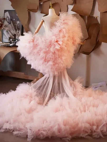 Puffy plissado tule robe vestido rosa ver através da moda feminina casaco jaqueta babados fofo feminino jaquetas em camadas exuberante personalizado