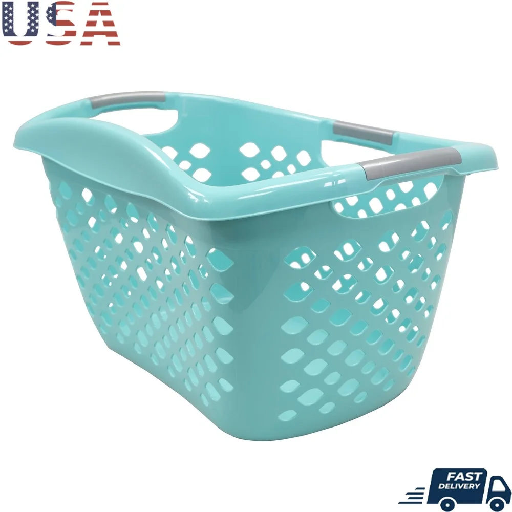 

Hip Grip Laundry Basket 1.8 Bushel Plastic Teal Durable Oblong Shape 3 Comfort Handles Easy Carrying Adult Tween