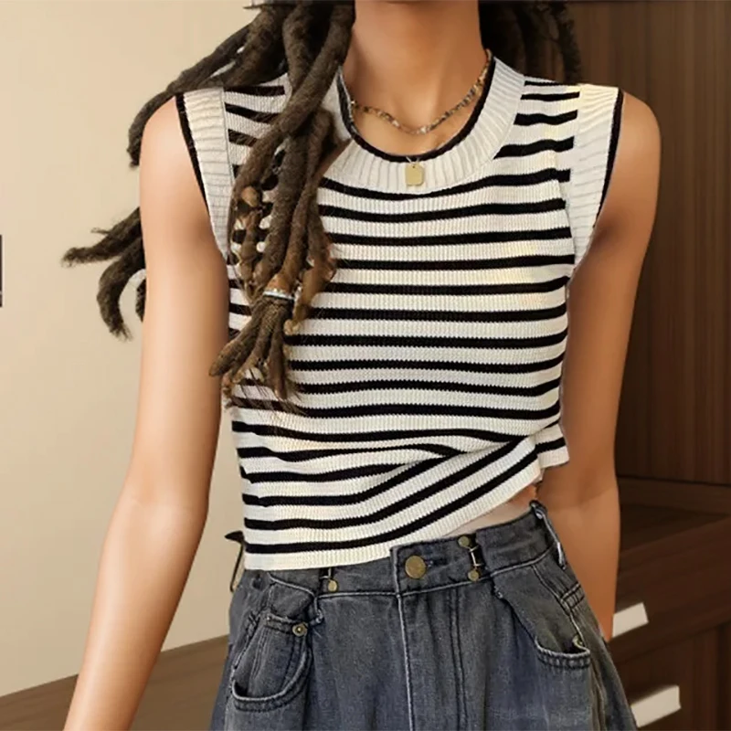 HELIAR Women Stripes O-Neck Knitted Tank Tops Female Sleeveless Casual Streetwear Crop Top Women Tops Spring Summer