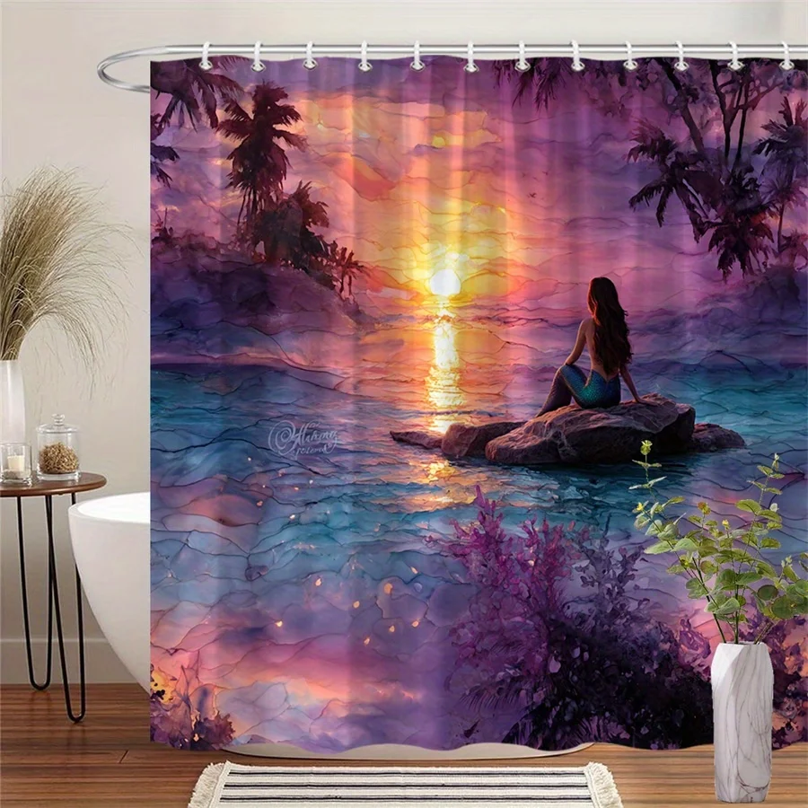 

1pc Sunset Lake Shower Curtain with Woman on Rock - Vibrant Pink, Purple, Orange Sky & Palm Trees Design, Tranquil Water Reflect