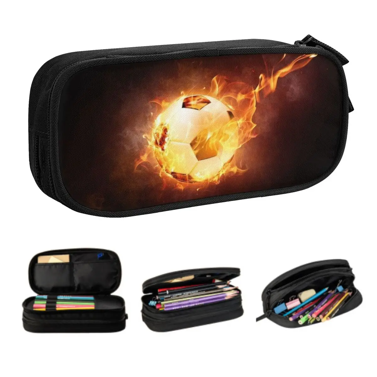 Custom Korean Flaming Football Soccer Ball Pencil Cases for Girls Boys Flames Large Storage Pen Bag Box School Supplies