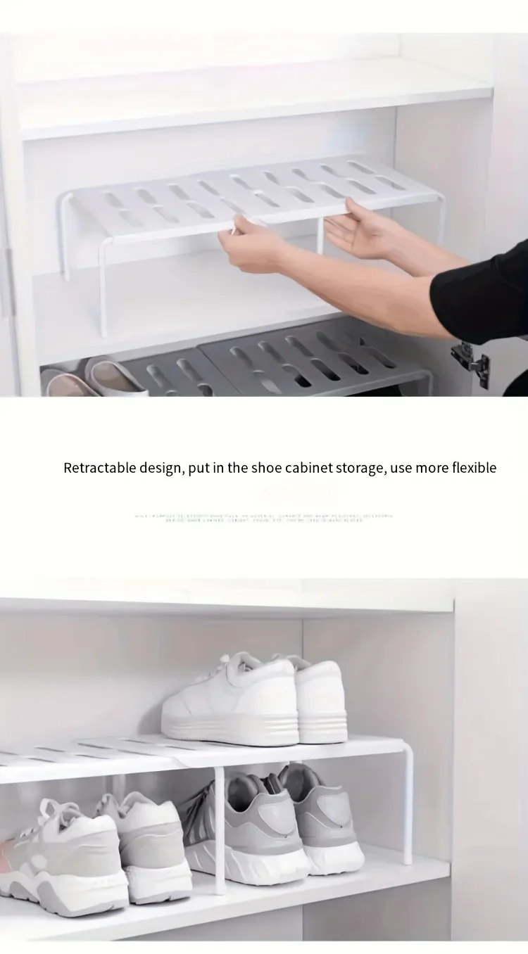 Verstellbares Schuhregal aus Kunststoff, mehrstufiger Aufbewahrungsorganisator, platzsparend, für Turnschuhe, Hausschuhe, Zuhause, Wohnheim, Schrank, Weiß, Grau, modern – Detail 7