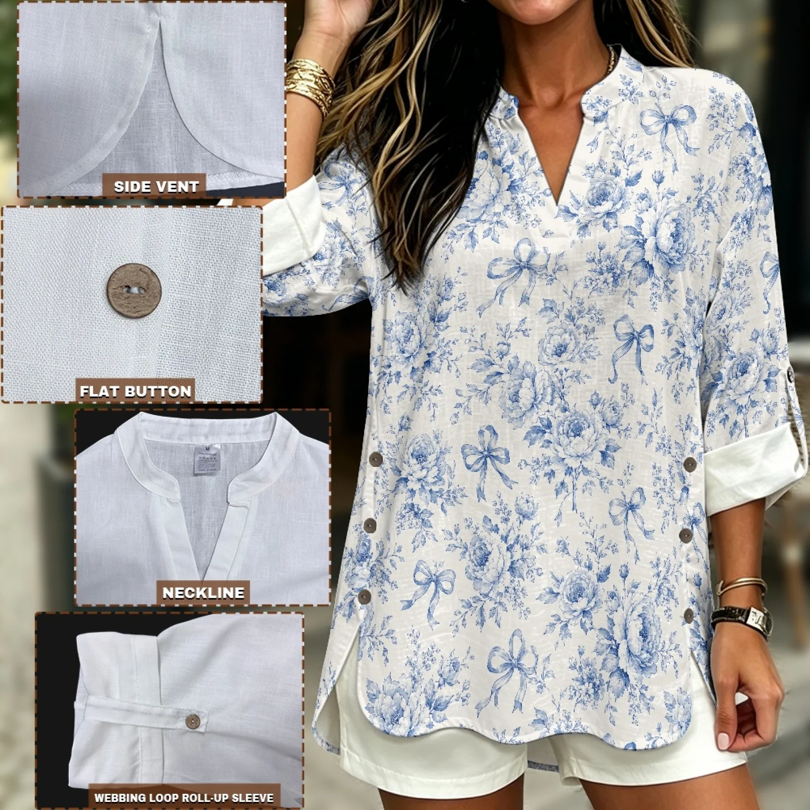 PENSTROLL Blue Floral Bow Print Linen Like V Neck Shirt 3/4 Sleeve V Neck Blouse Shirt for Summer Sizes S-5XL view 5