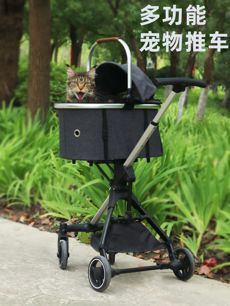 Pet cart with separate basket, cat and dog going out, portable and foldable small dog Teddy.