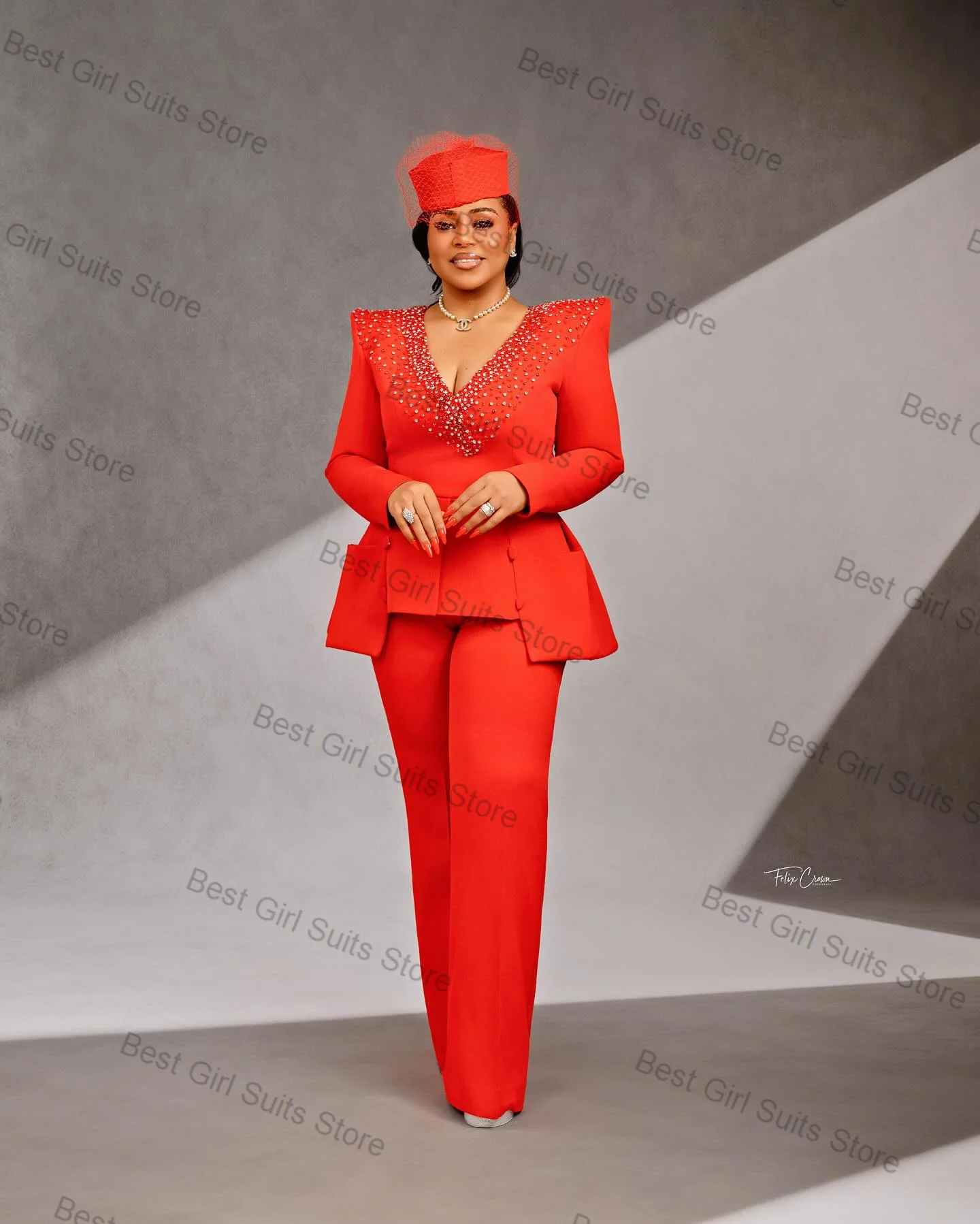 

Luxury Crystals Women Suit Set 2 Pcs Blazer+Pants Trousers Sexy V Neck Formal Office Jacket Customized Wedding Cotton Coat