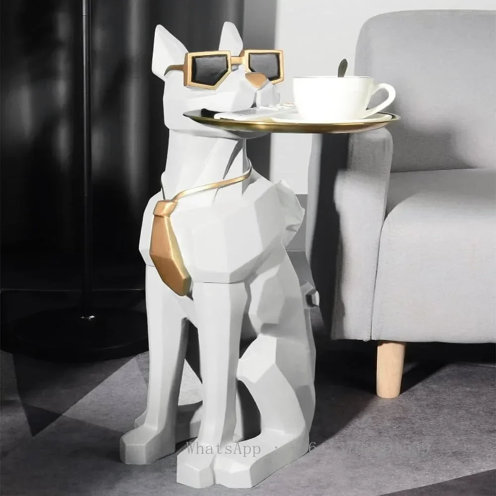 

Modern Resin Dog Sculpture Geometric Standing Statue Cute End Side Table with Metal Storage Tray Tissue Box, Art Deco(White)