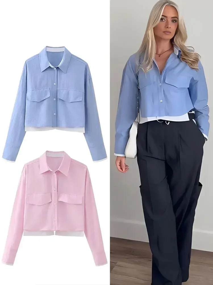 Ladies Fashion Crop Oxford Blouse Shirt Women High Street Lapel Long Sleeve Pocket Chic Office Outfits Top Shirt Blusas Female