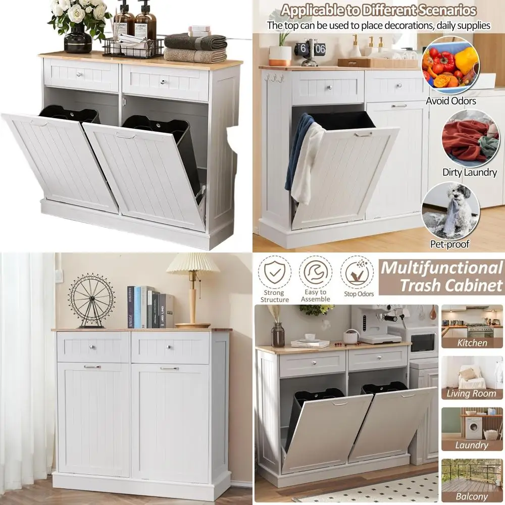 

Hidden Kitchen Trash Can Cabinet with 2x13 Gallon Recycling, Pet-Proof, White