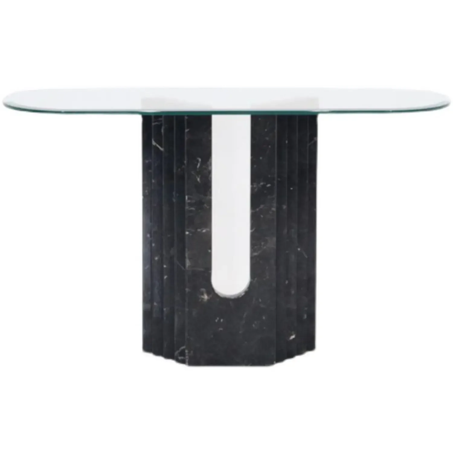 

Modern simple natural black and white root marble enclave villa model room, glass table against the wall