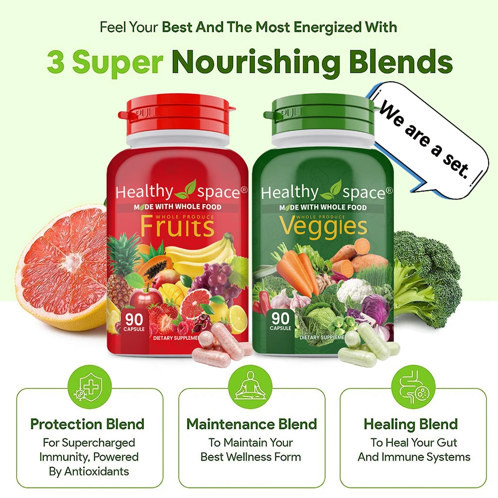 

Fruits and Veggies Supplements - Whole Fruit & Vegetable Ingredients for Women, Men & Kids - 90 Fruit Capsule, 90 Veggie Capsule