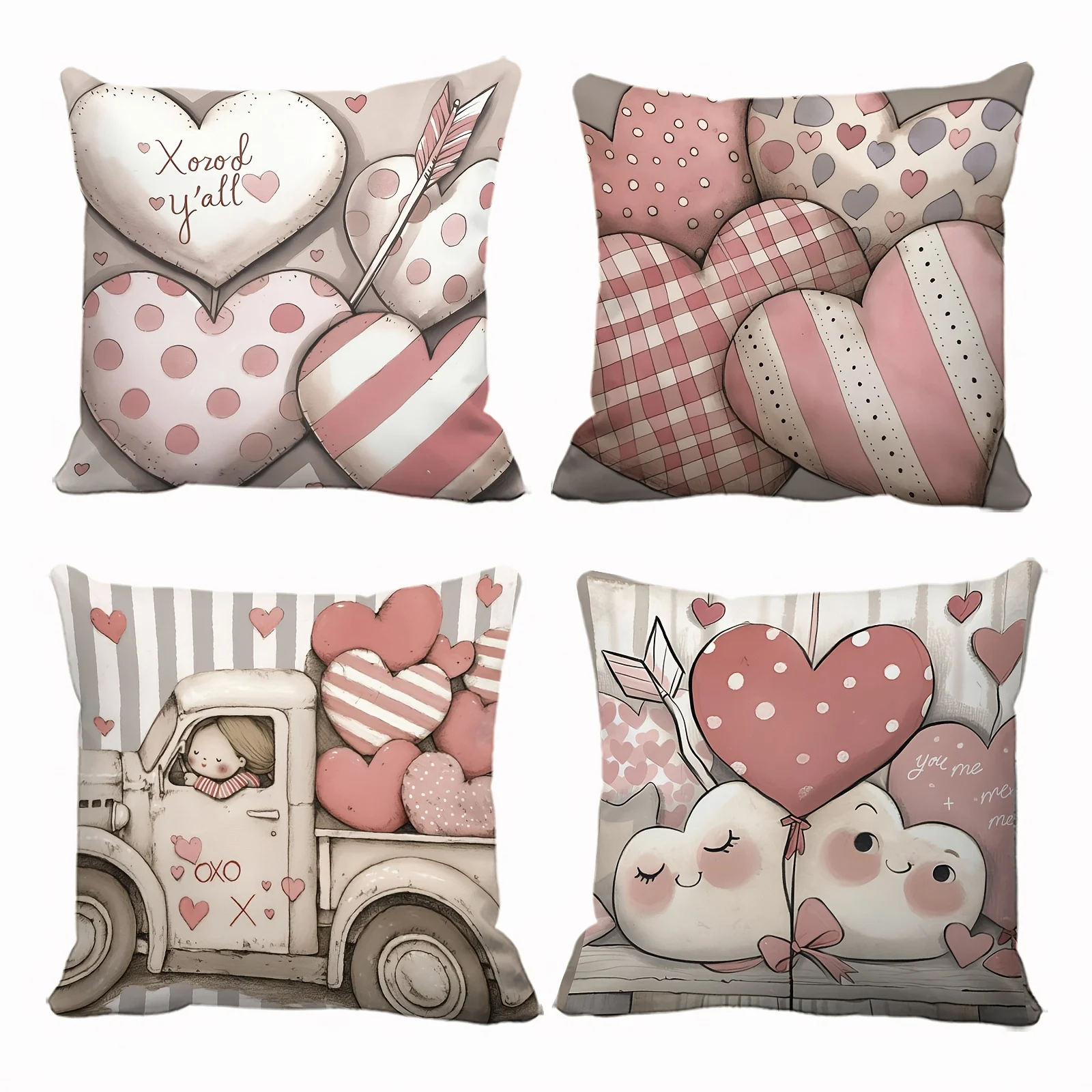 4pcs Valentine's Day Pillow Covers 45x45cm Double-sided Printed Cushion Cases Cute Heart Truck Home Decor Throw Pillow No Insert