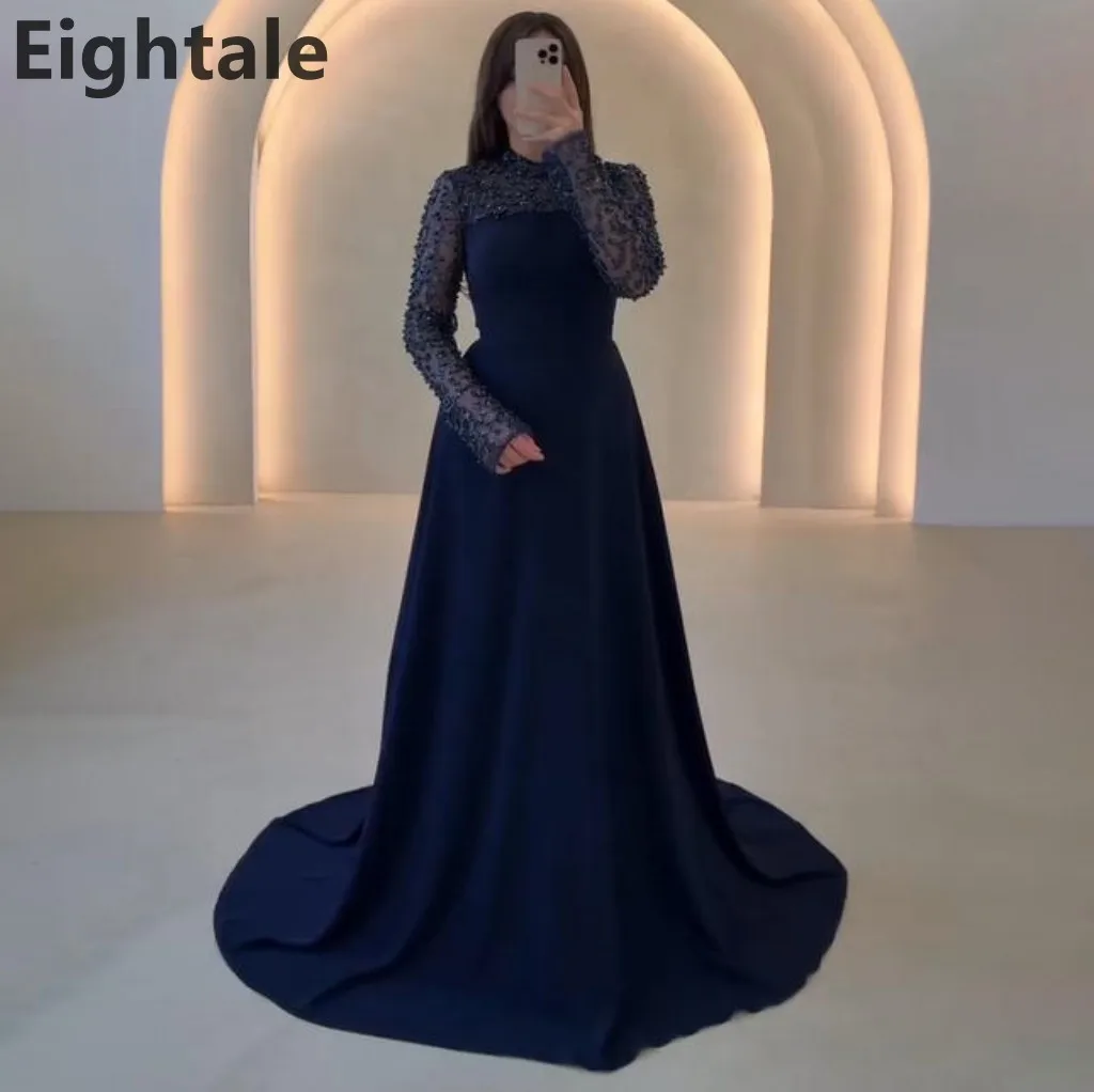 

Eightale Navy Blue A Line O Neck Long Sleeve Maxi Evening Dress Sequin Pearls Women Party Prom Dresses Dubai 2025 Customized