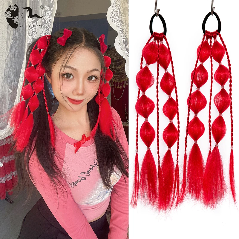 Red Long Bubble Ponytail Extensions Twist Braid Hair Extensions Synthetic Lantern Handmade Braid Hair Piece For Women And Girls